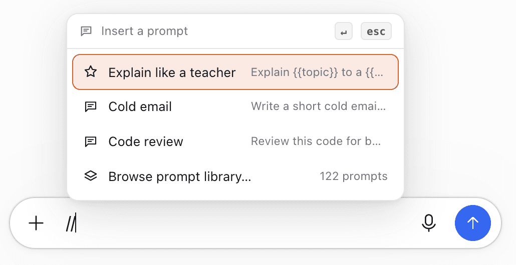 Typing // in ChatGPT opens the TidyChats prompt picker