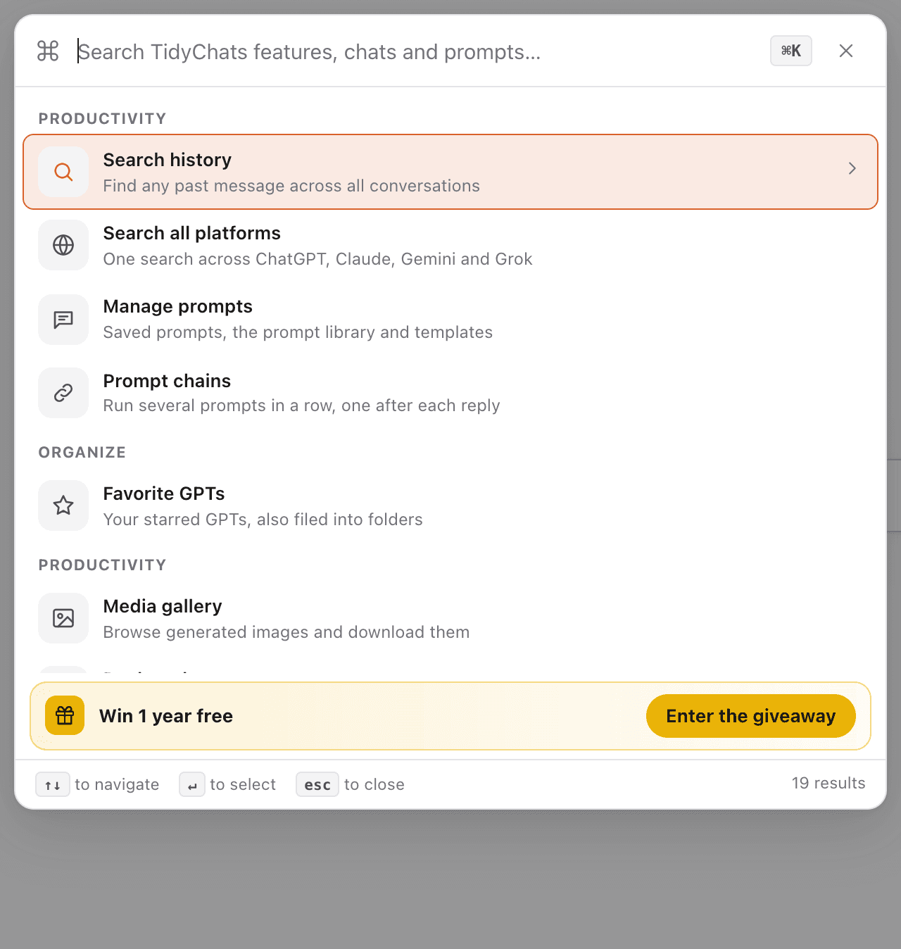 TidyChats command palette listing actions