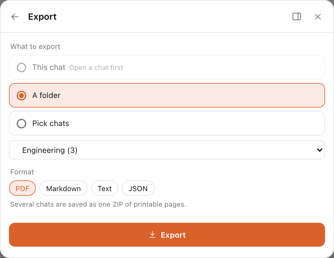 TidyChats Export view with This chat, A folder and Pick chats, and the PDF, Markdown, Text and JSON formats