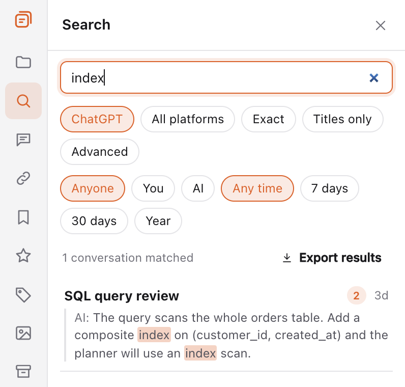 The TidyChats search panel on ChatGPT showing the query