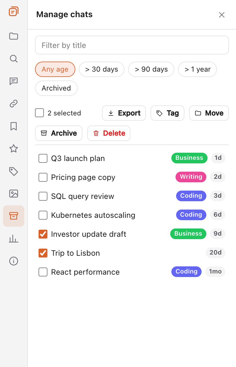 The TidyChats Manage chats panel on ChatGPT with a title filter, age chips, two chats selected and the Export, Tag, Move, Archive and Delete buttons